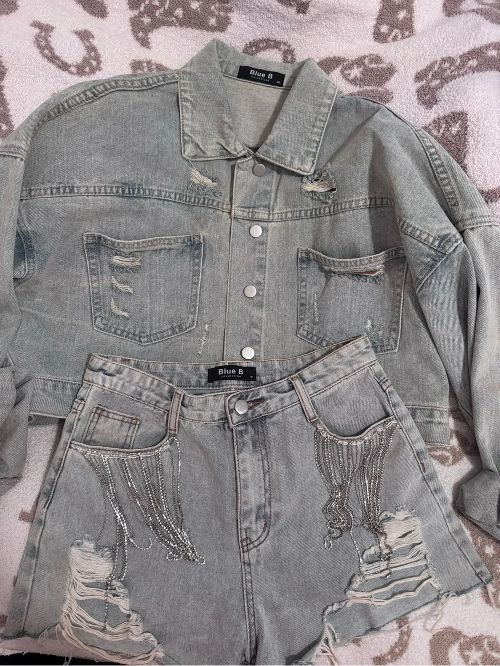 Denim Fringe Crop Jacket with Matching Shorts Set - distressed denim